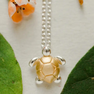 Two Tone Mixed Metal Turtle Pendant Matte 14K Gold Plated Sterling Silver Necklace