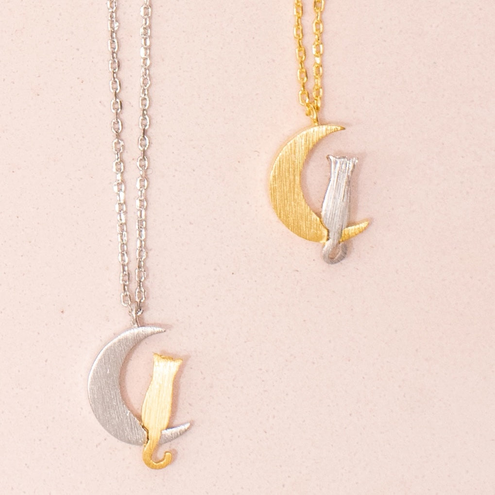 Cat on the Moon Pendant 14K Gold Plated Sterling Silver Necklace