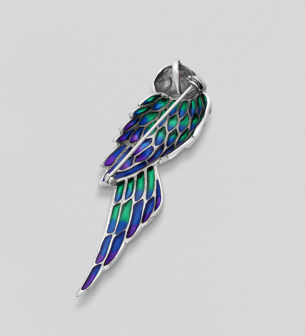 Macaw Bird Sterling Silver Brooch/Pendant, Decorated with Colored Enamel, Gemstones and Marcasite