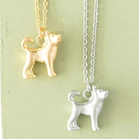 Husky Dog Pendant Matte 14K Gold Plated Sterling Silver Necklace