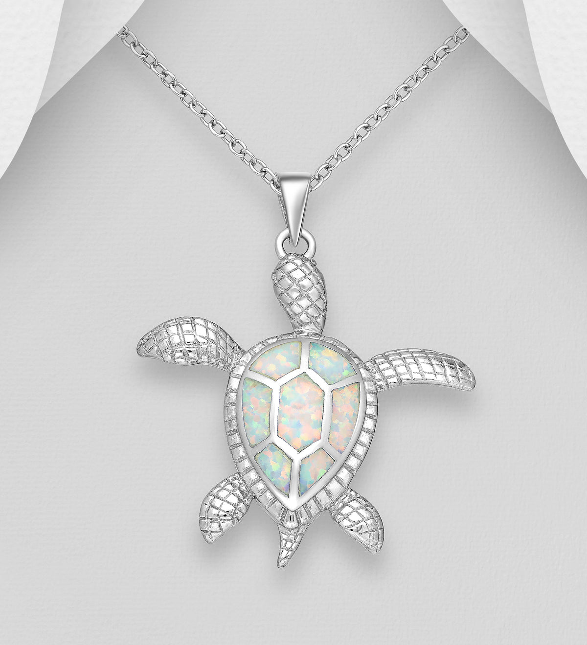 Turtle Pendant Sterling Silver Decorated With Lab-Created Opal - White