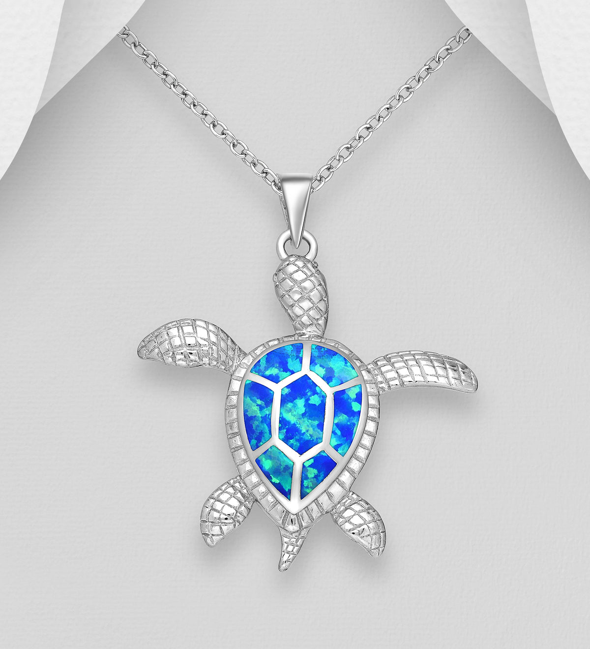 Turtle Pendant Sterling Silver Decorated With Lab-Created Opal - Deep Sky Blue