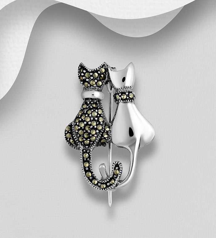 Cat Sterling Silver Brooch Decorated With Marcasite