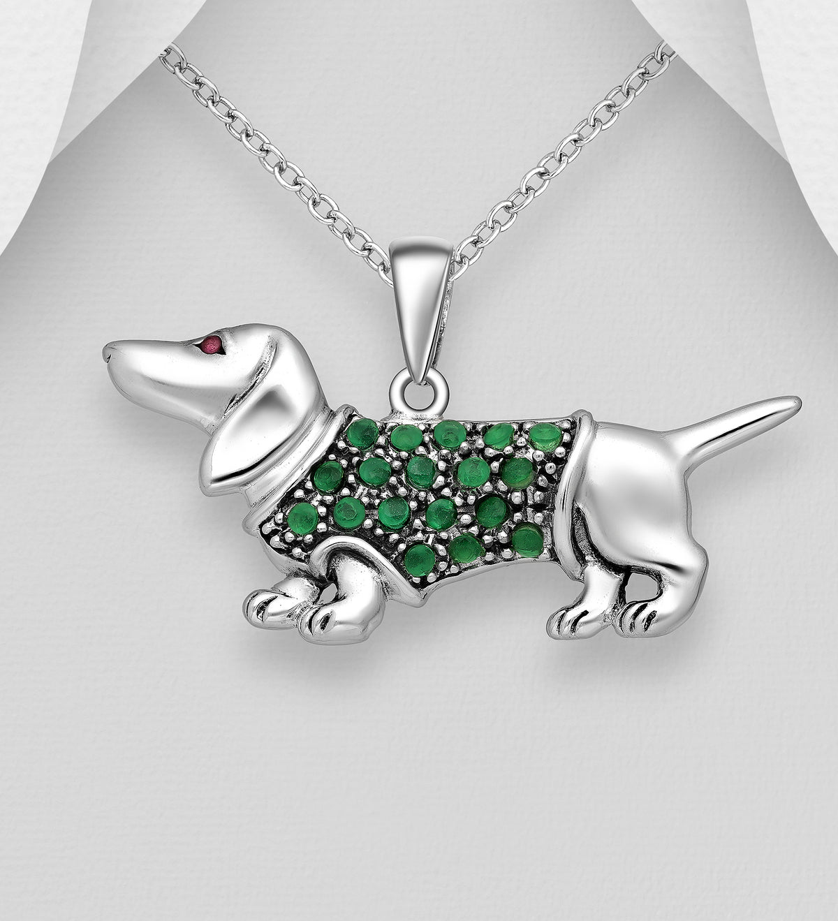 Dog Pendant Sterling Silver, Decorated with Cubic Zirconia Simulated Diamonds - Forest Green