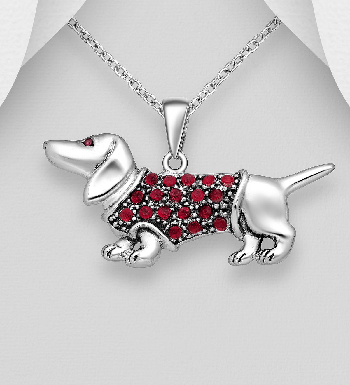 Dog Pendant Sterling Silver, Decorated with Cubic Zirconia Simulated Diamonds - Ruby