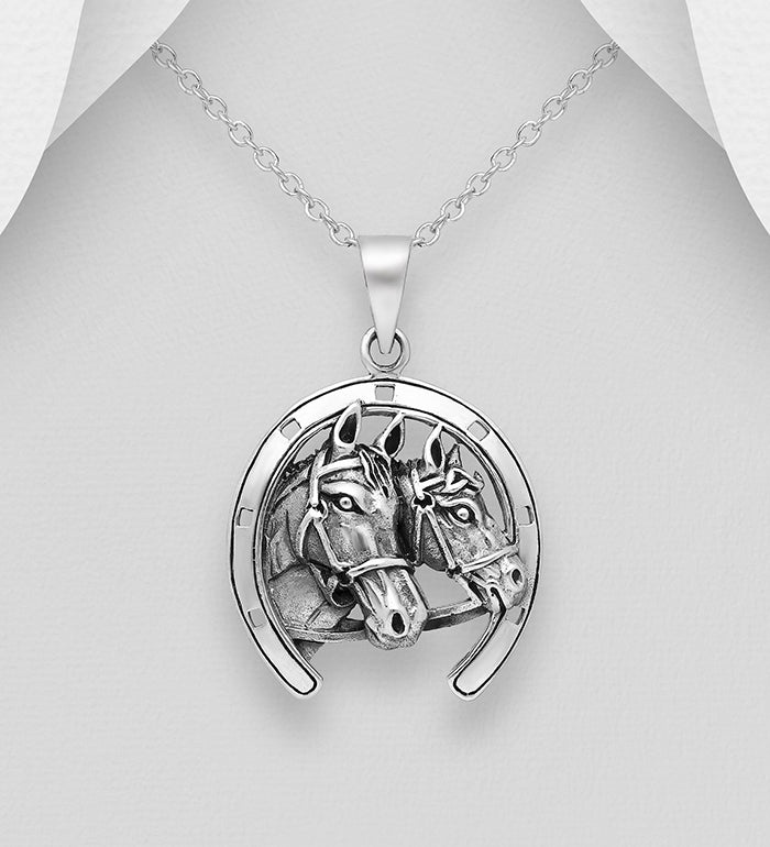 Horseshoe and Horse Pendant Oxidized Sterling Silver