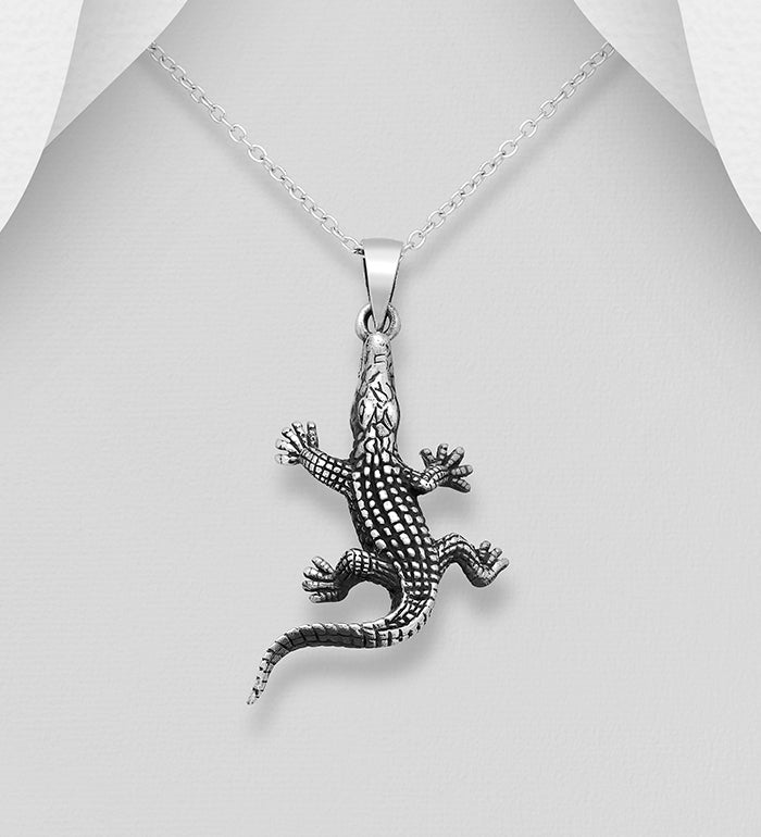Crocodile Pendant Oxidized Sterling Silver