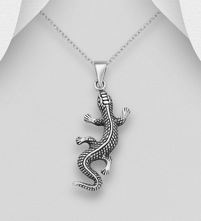 Lizard Gecko Pendant Oxidized Sterling Silver