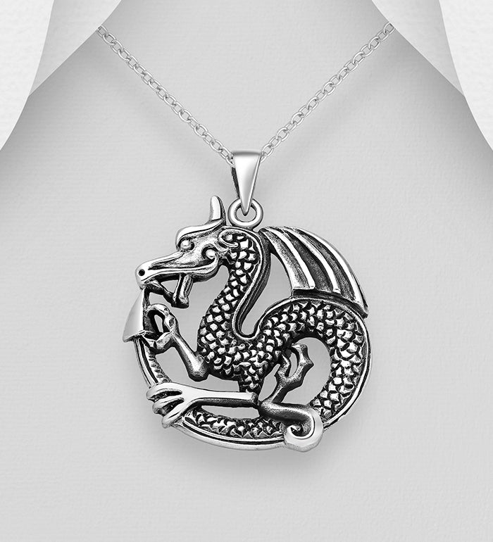 Dragon Pendant Oxidized Sterling Silver