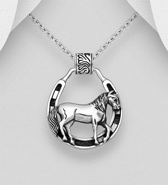 Horse and Horseshoe Oxidized Pendant Sterling Silver