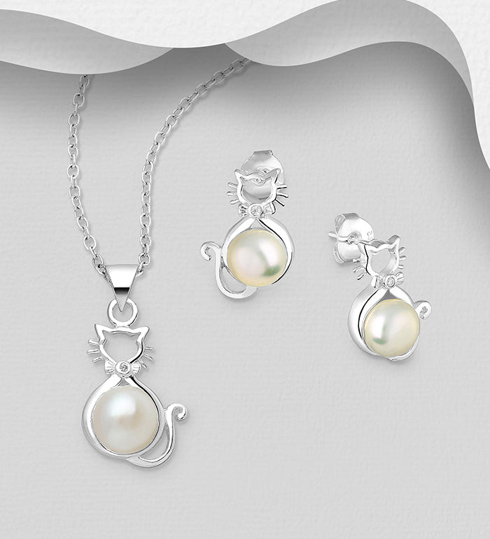 Cat Sterling Silver Push-Back Earrings and Pendant Jewelry Set, Decorated with Cubic Zirconia Simulated Diamonds and Freshwater Pearls 