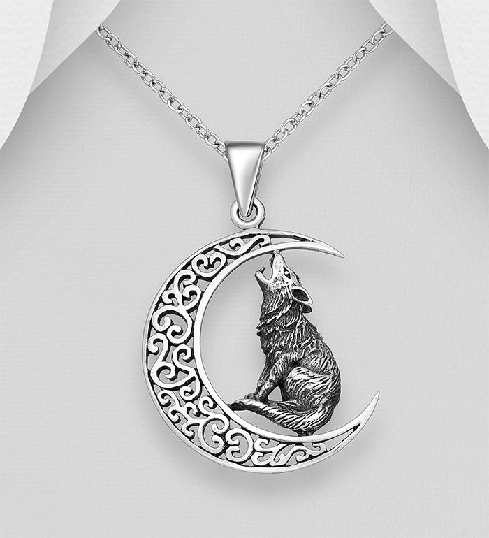 Moon and Wolf Pendant Oxidized Sterling Silver