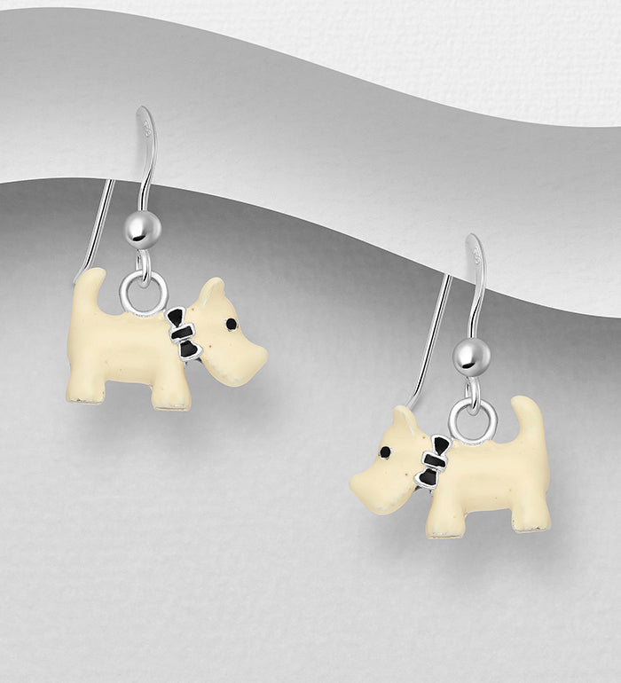 Dog Hook Earrings Sterling Silver, Decorated with Colored Enamel