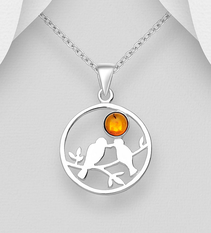Bird Sterling Silver Pendant Featuring Branch, Decorated with Baltic Amber