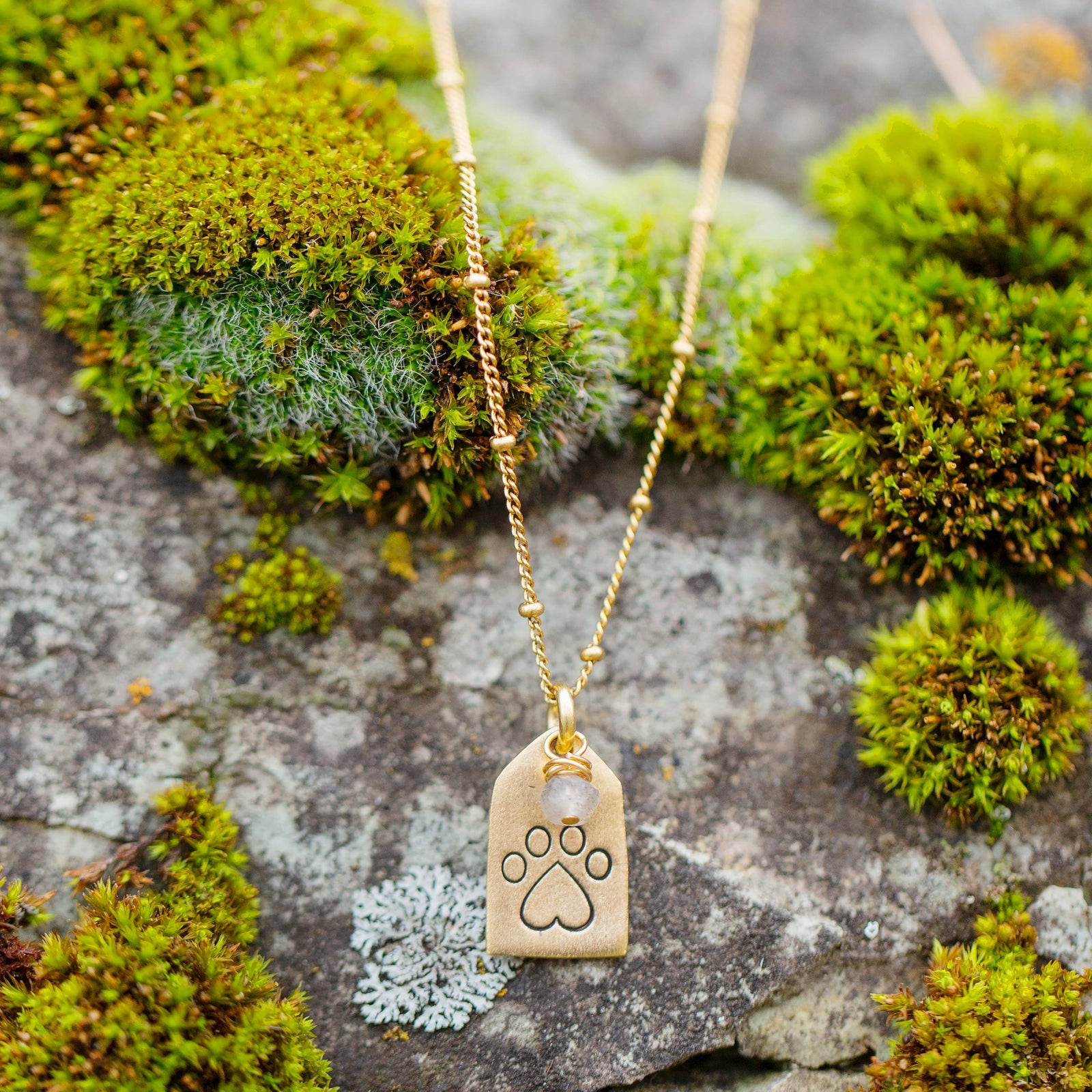 Gold Tag Paw Print with Quartz Necklace