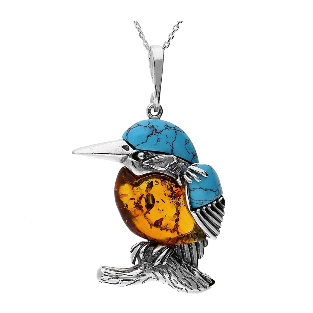 Amber &amp; Turquoise Kingfisher Sterling Silver Pendant