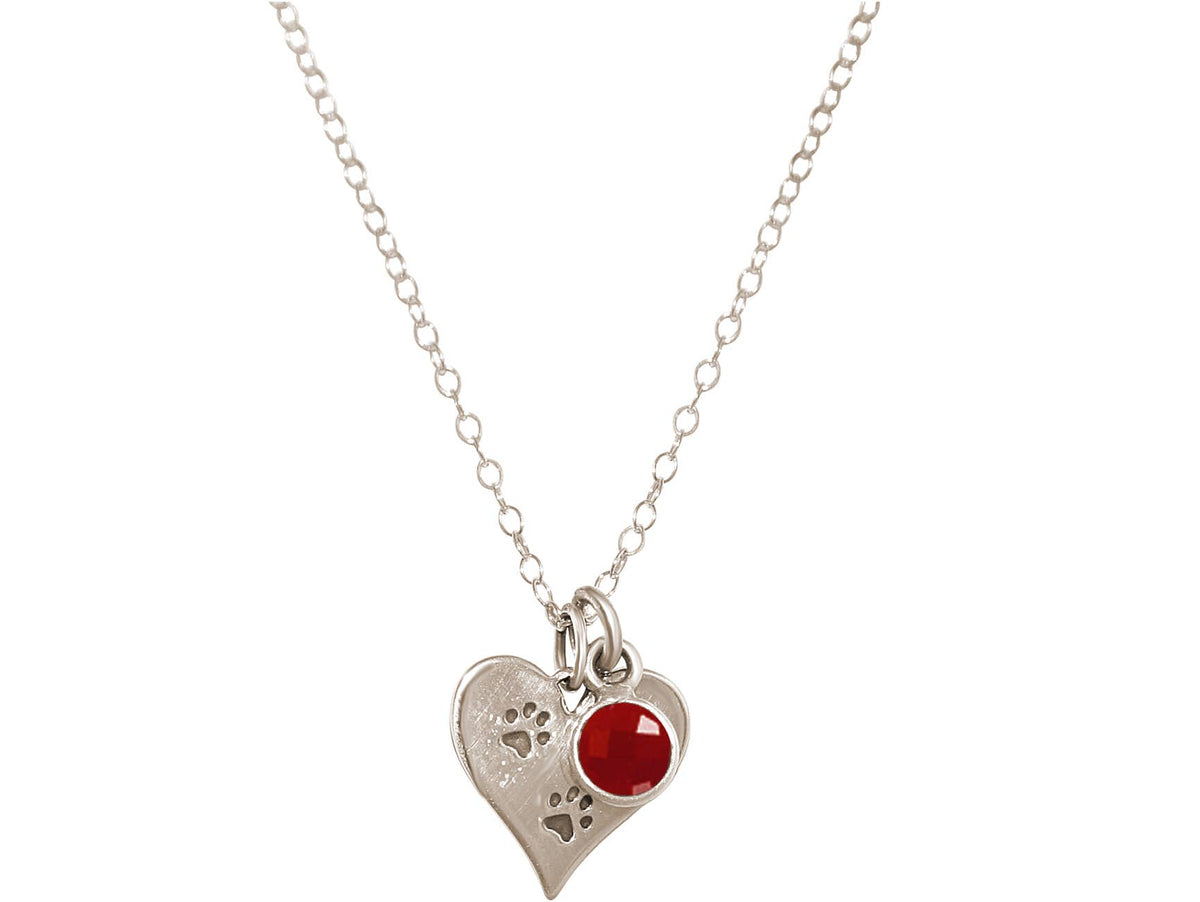 Paw Print Heart Pendant with Red Ruby Sterling Silver Necklace