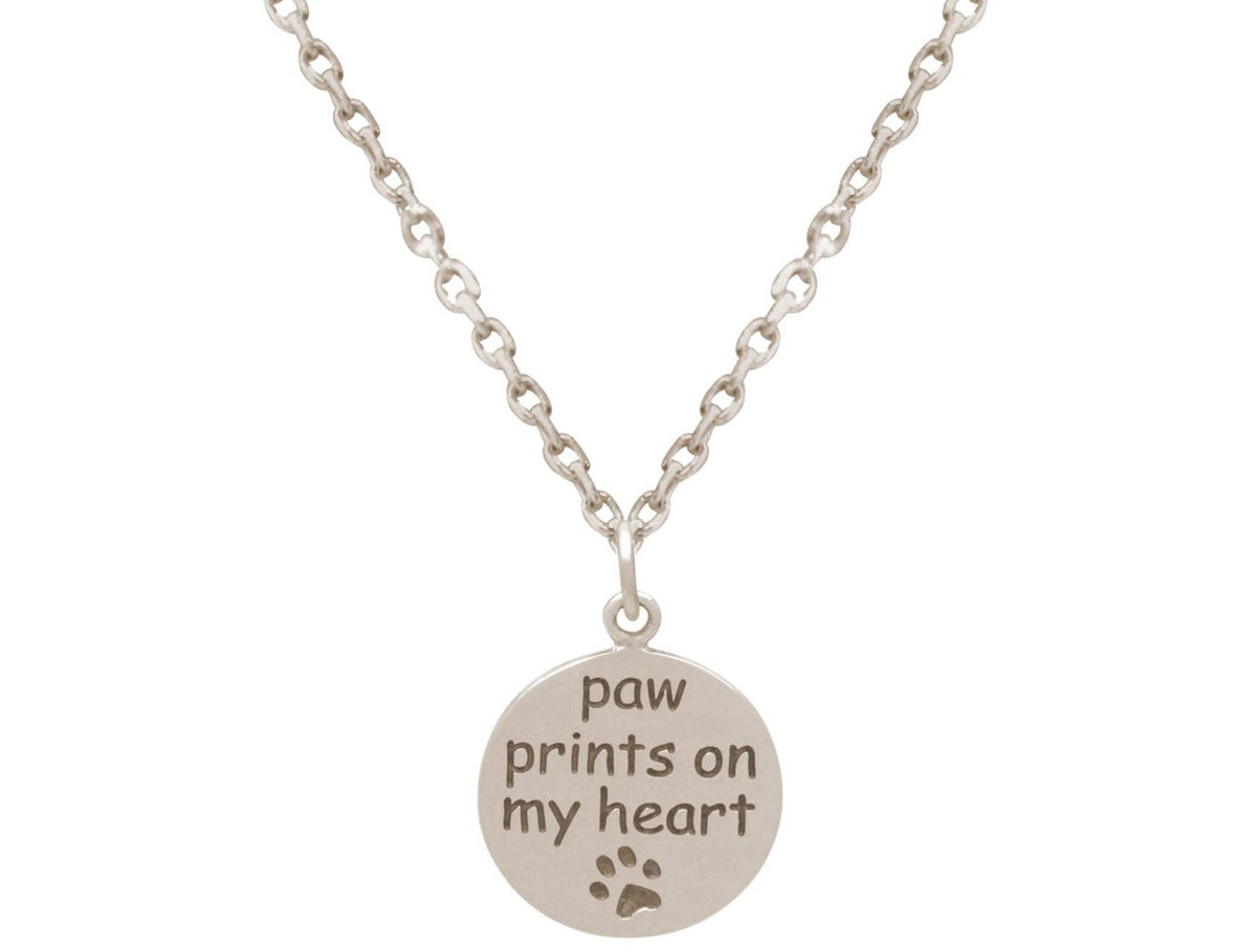 Paw Prints on my Heart Round Pendant Sterling Silver Necklace