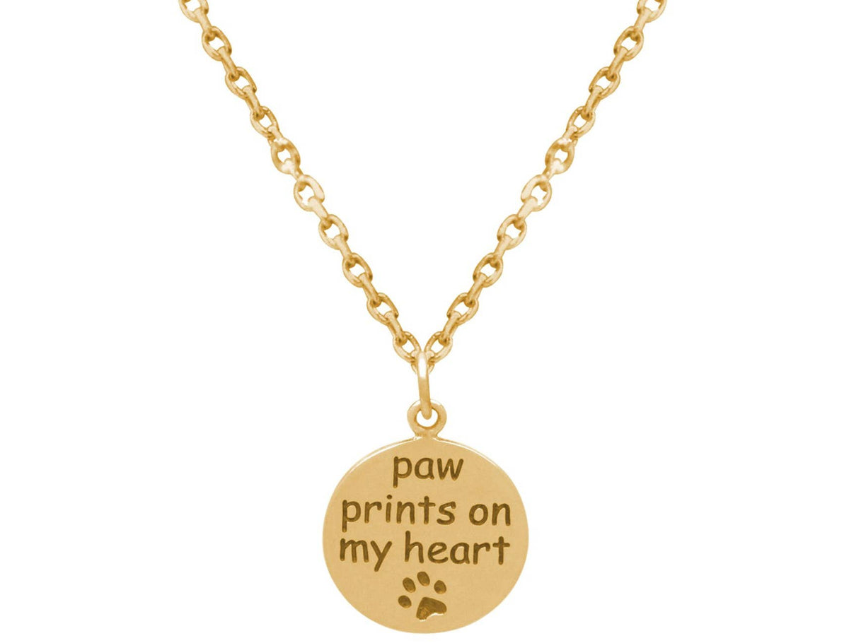 Paw Prints on my Heart Round Pendant Gold Plated Sterling Silver Necklace