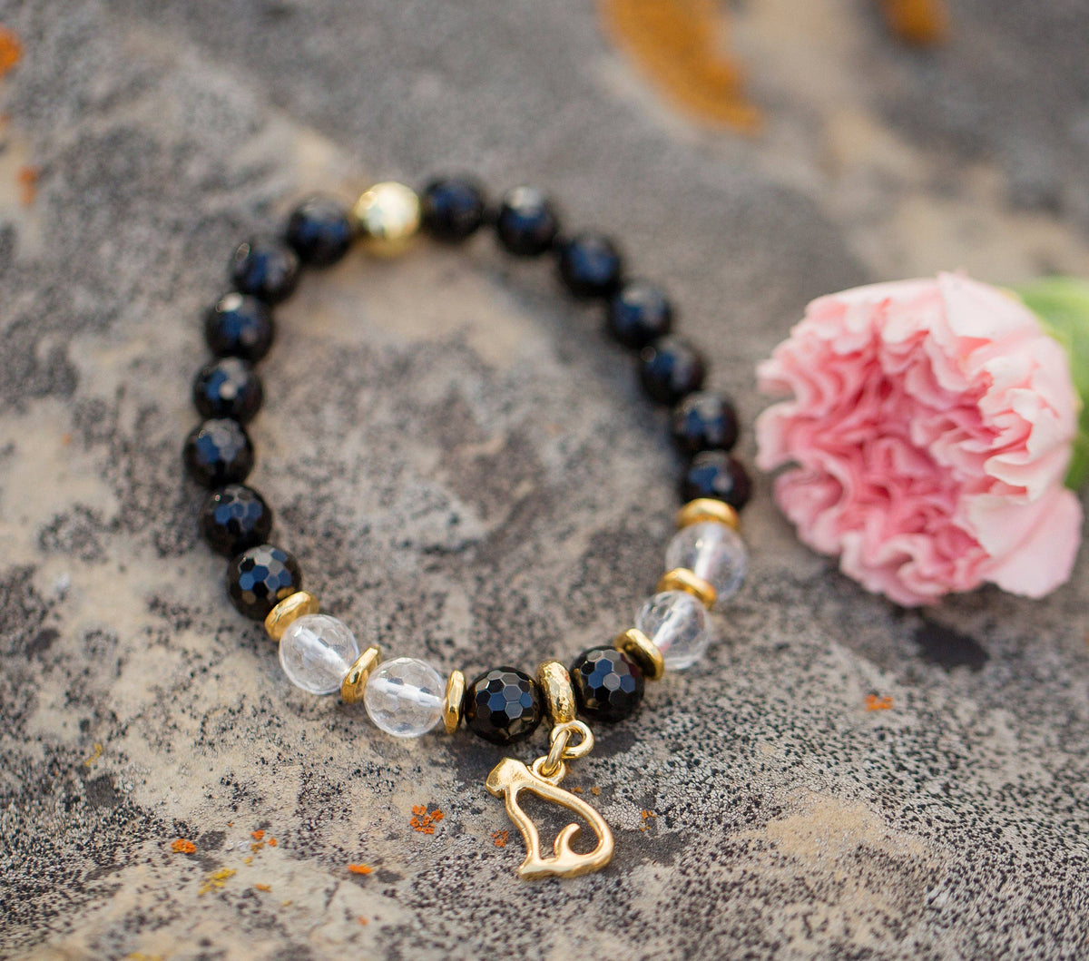 Cat Gold Charm Bracelet with Blue Goldstone Gemstones