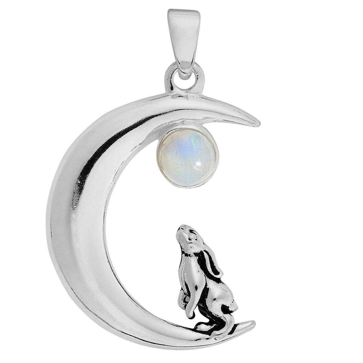 Hare on Moon Sterling Silver Pendant with Moonstone