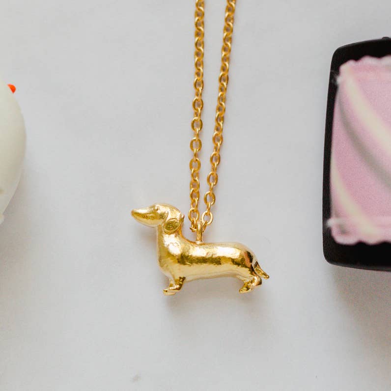 Dachshund Dog Pendant Matte 14K Gold Plated Sterling Silver Necklace