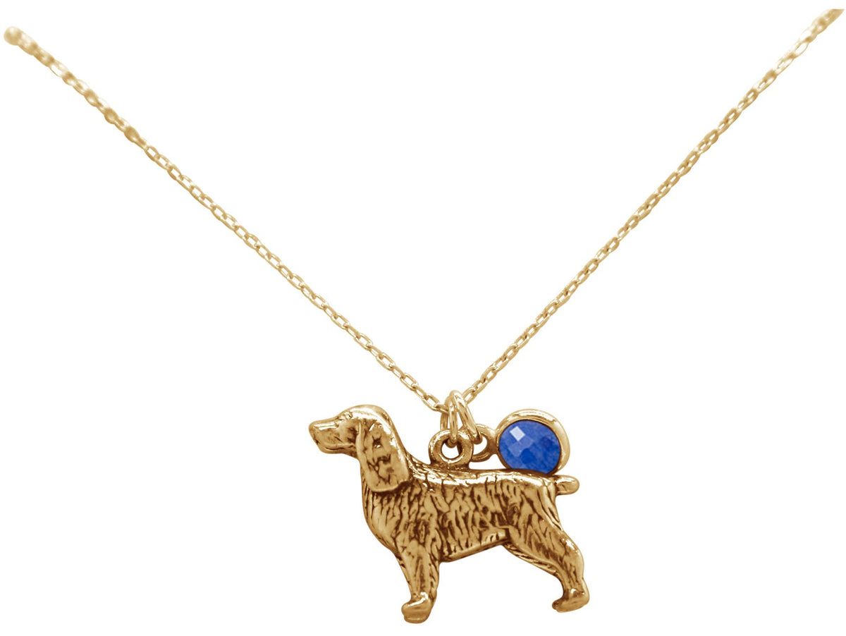 Spaniel Pendant with Blue Sapphire Gold Plated Sterling Silver Necklace