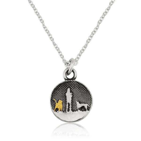 Two Dogs under Night&#39;s Sky Necklace in Sterling Silver and Gold - Small Round
